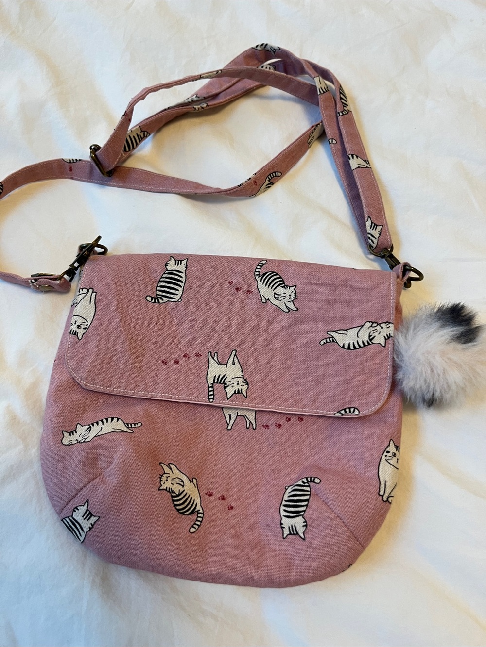 NWOT Kitty Tracks Pink Cat Print Crossbody Bag with Faux Fur Pom